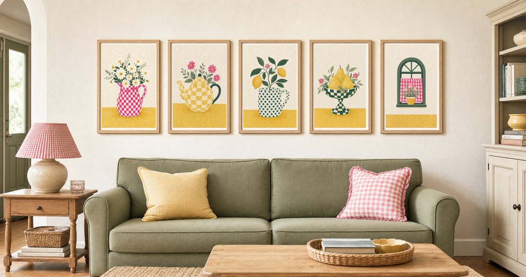 Five printable cottage art prints displayed above a sage green sofa