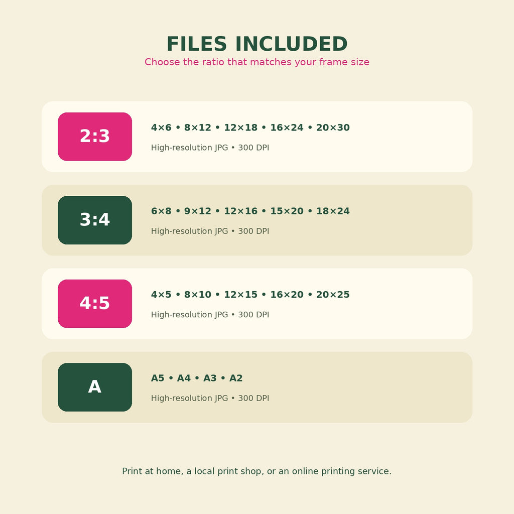 Printable art file sizes and ratios included