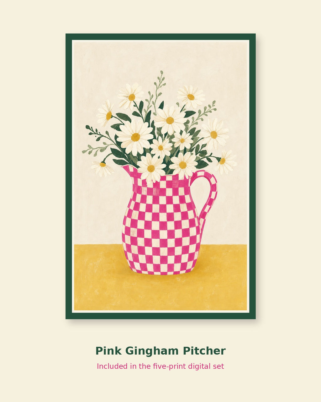 Pink gingham pitcher printable cottage art