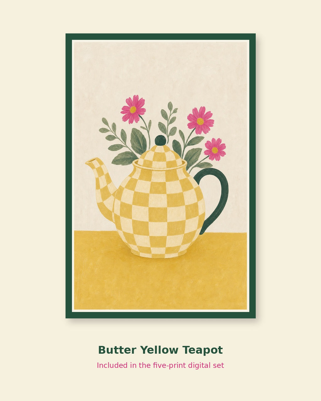 Butter yellow check teapot printable cottage art