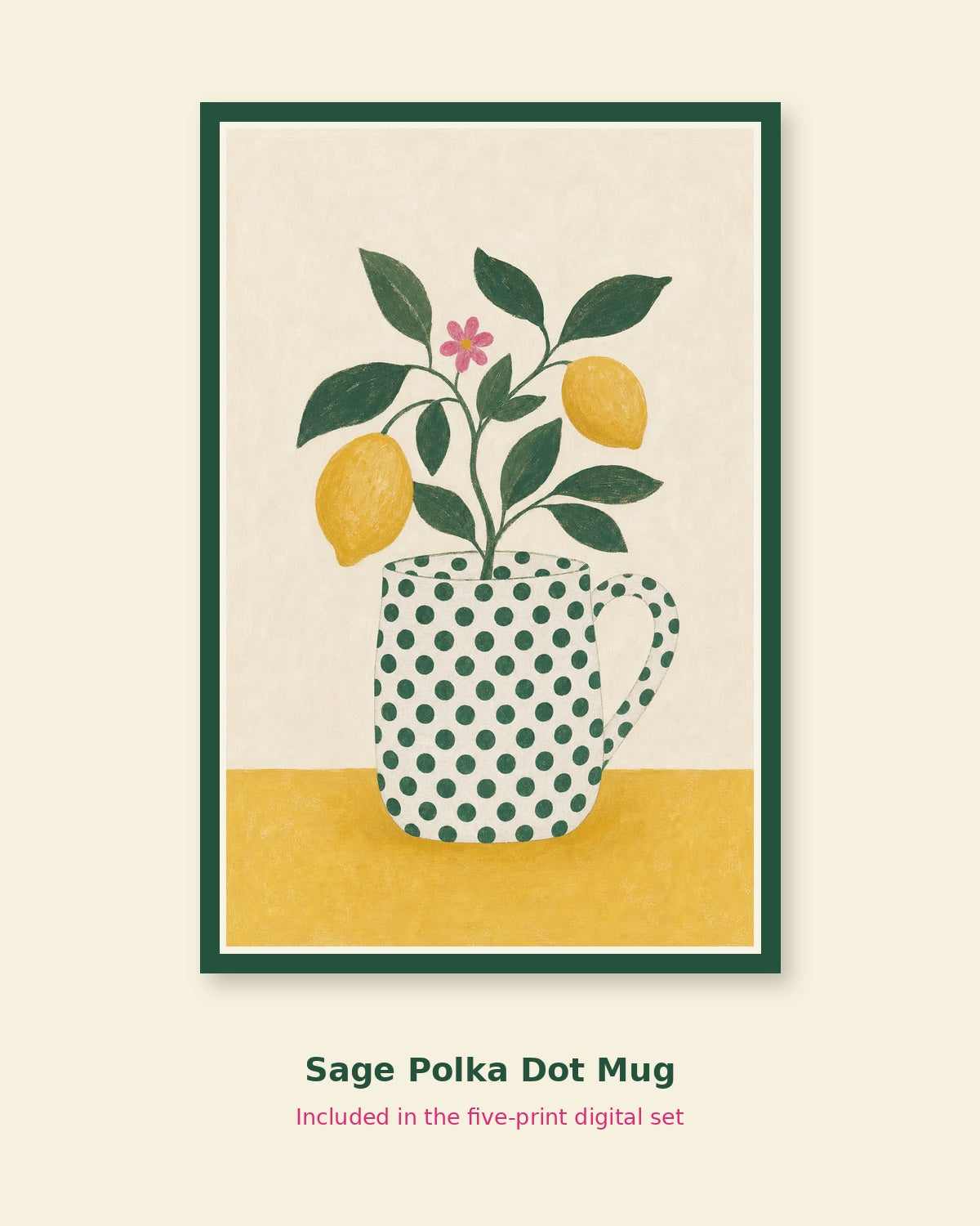 Sage polka dot mug and lemons printable cottage art