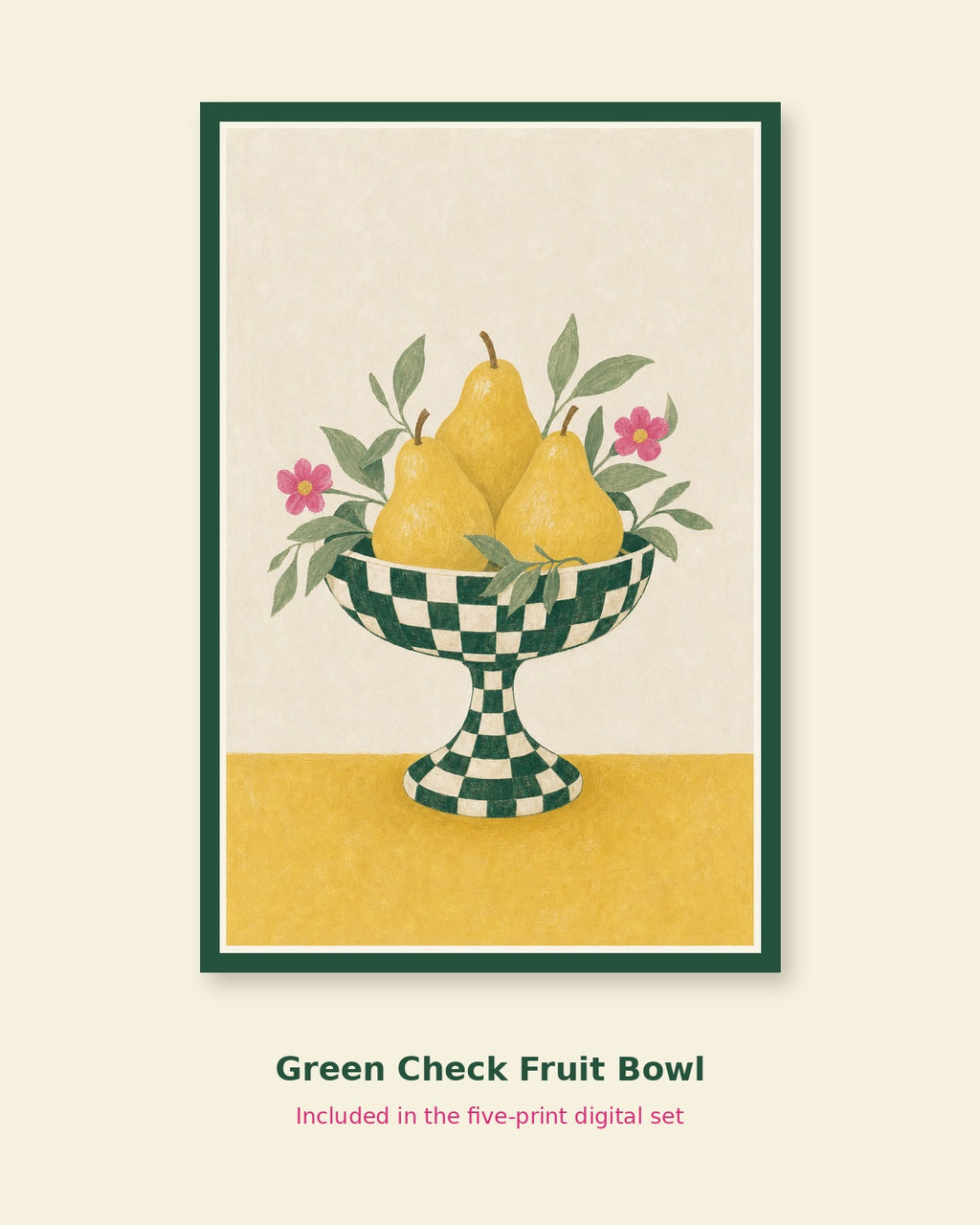 Green checkerboard fruit bowl printable cottage art