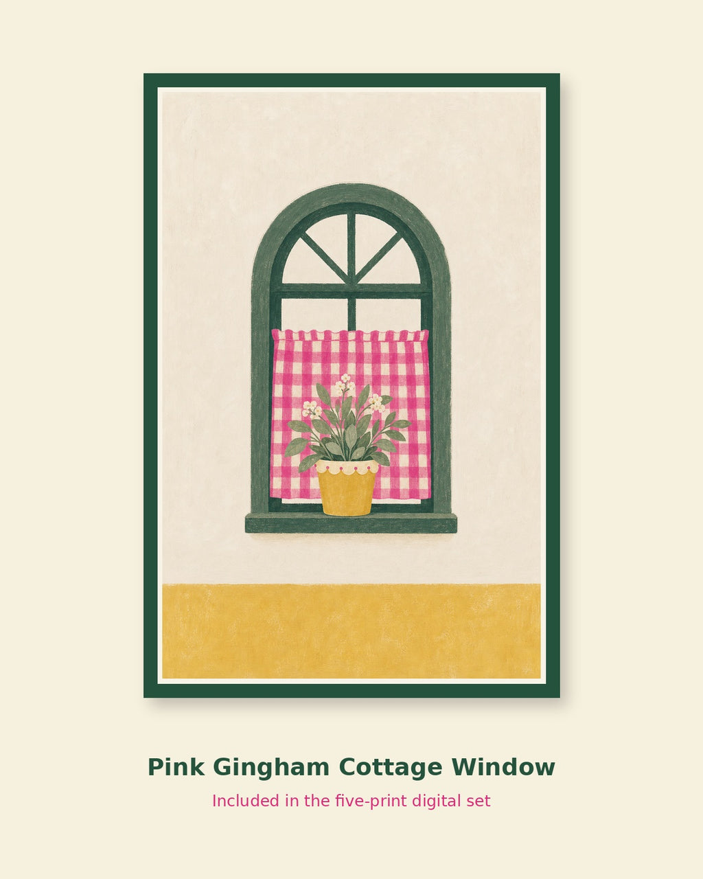 Pink gingham cottage window printable art