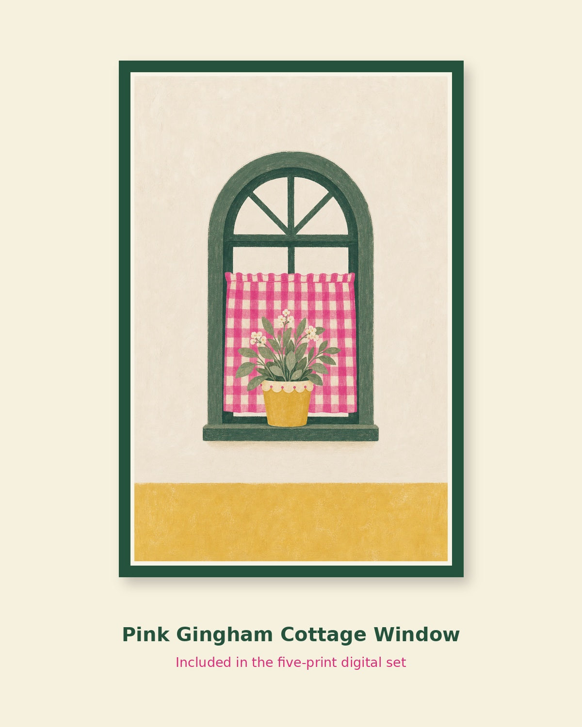 Pink gingham cottage window printable art
