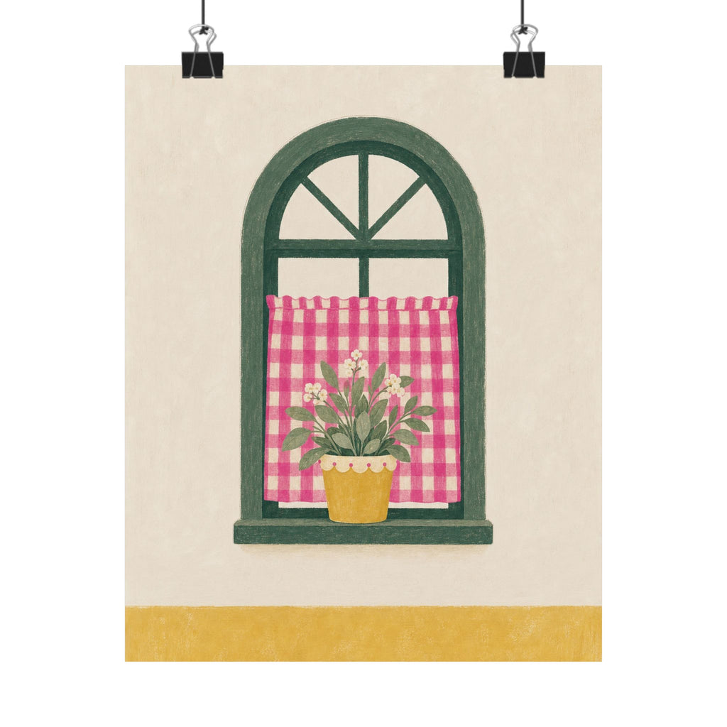 Pink Gingham Cottage Window Art Print | Unframed Matte Poster