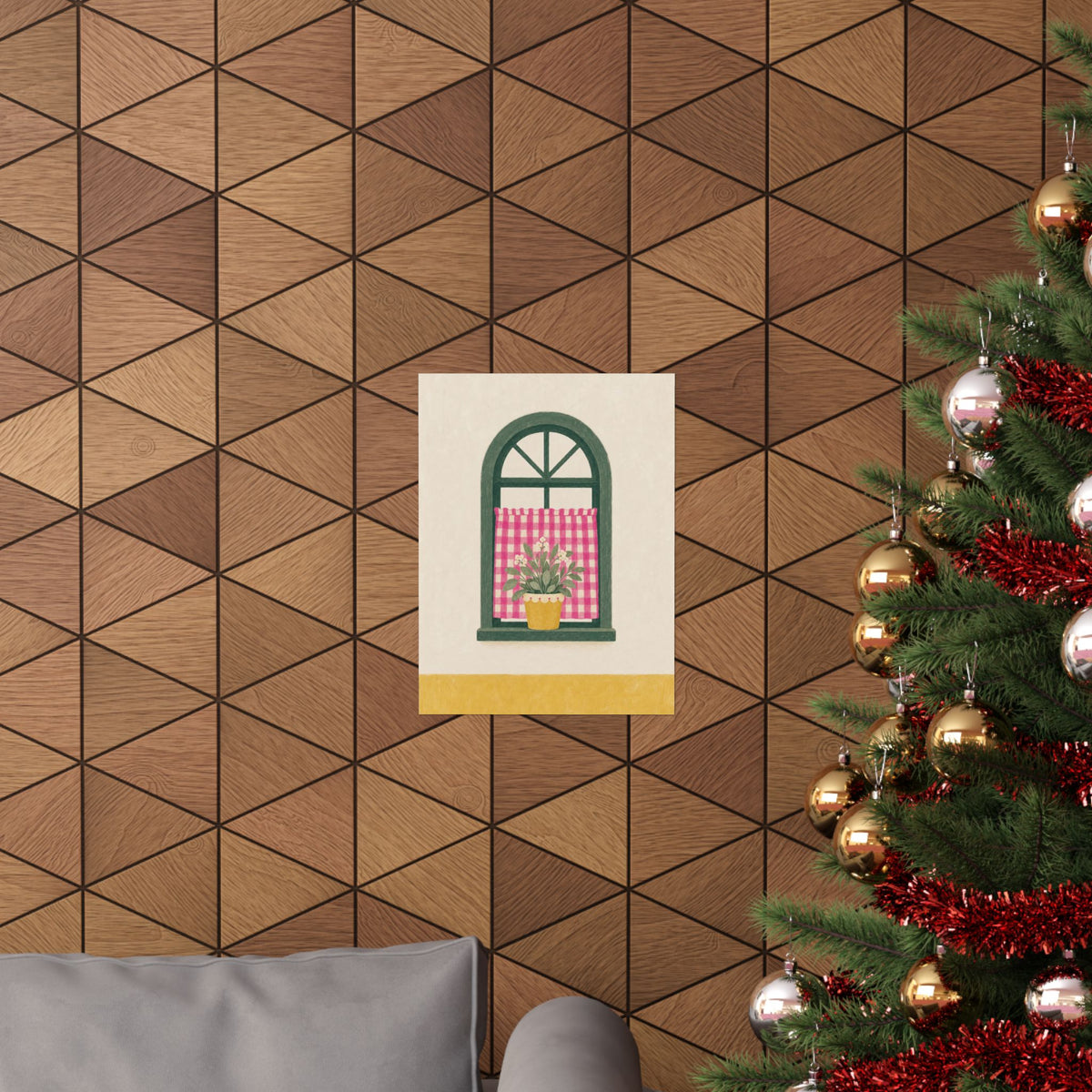 Pink Gingham Cottage Window Art Print | Unframed Matte Poster