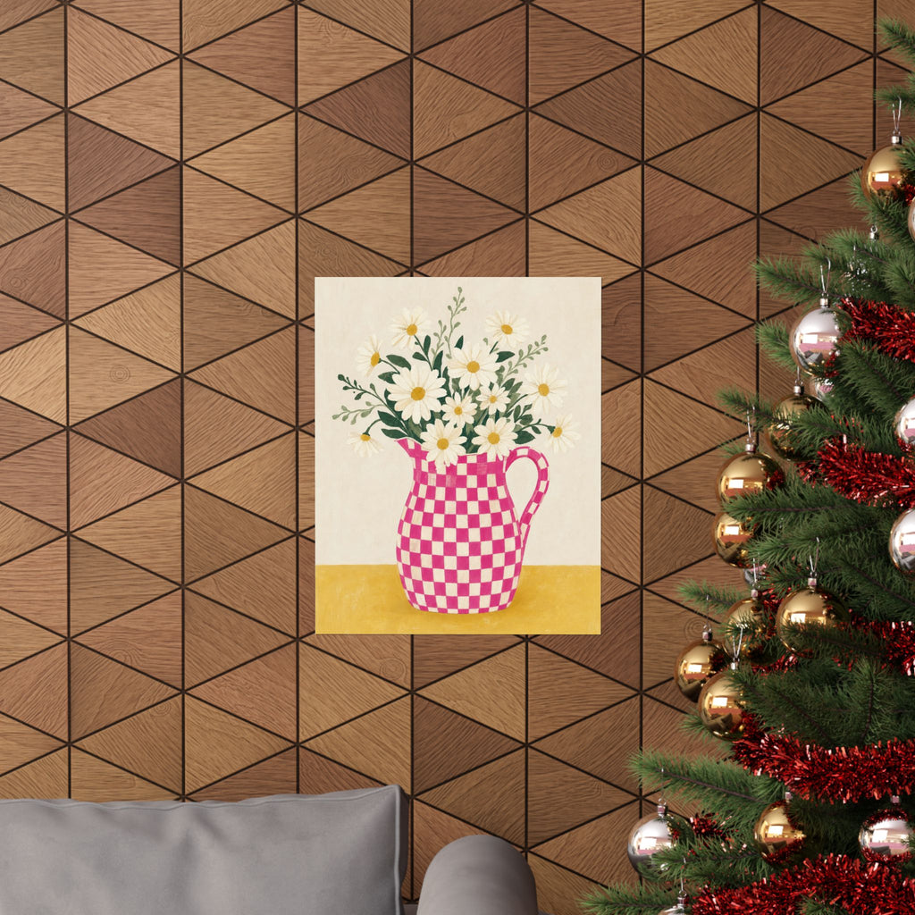 Pink Gingham Pitcher Cottage Art Print | Unframed Matte Poster