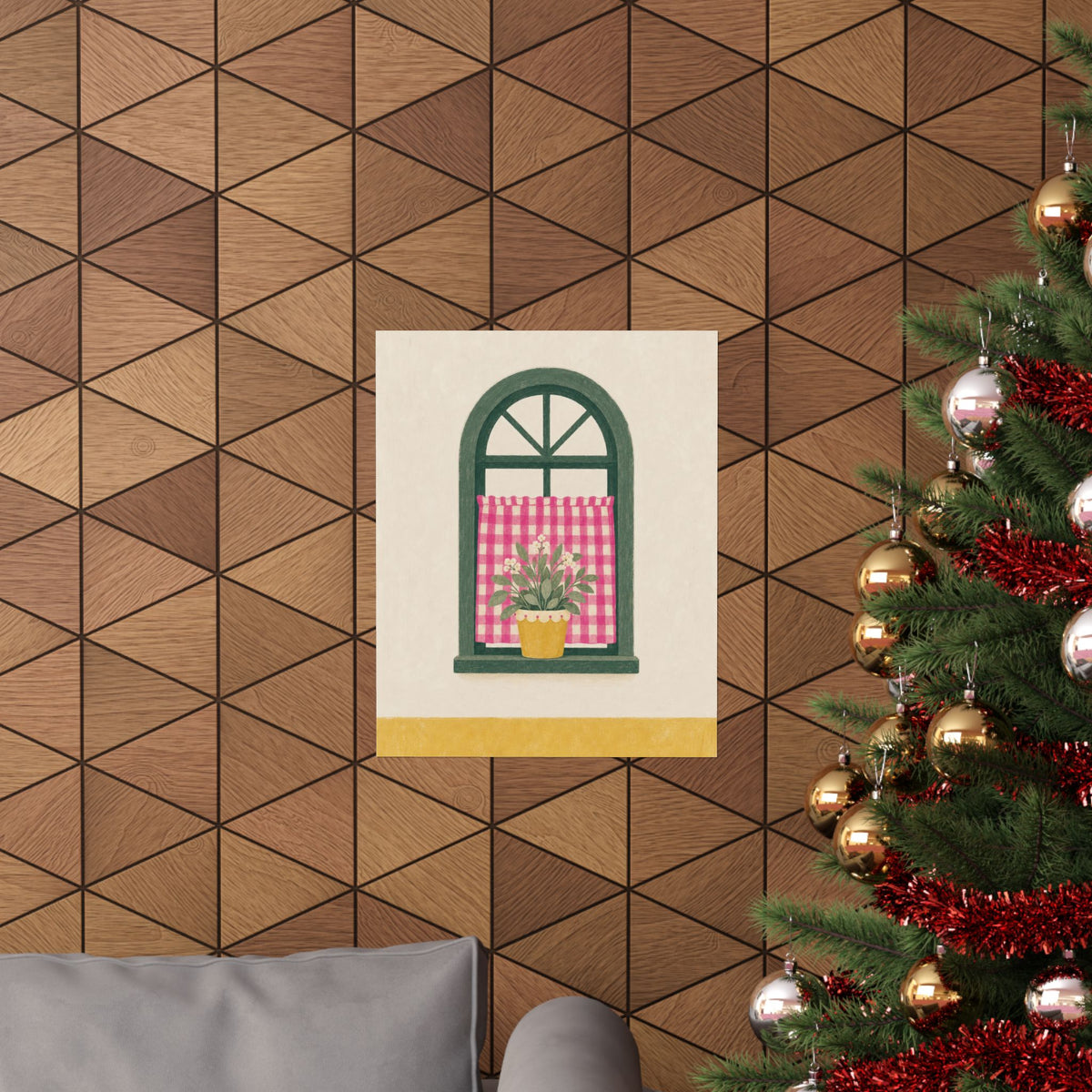 Pink Gingham Cottage Window Art Print | Unframed Matte Poster