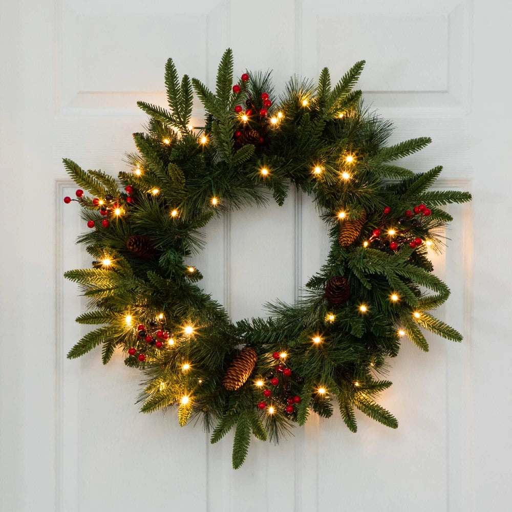 Pre-Lit Artificial Christmas Holiday 5 Piece Bundle with Pinecones & Berries- Set of 2 5' Christmas Trees, 24-in Wreath and set of 2 9-ft Garlands