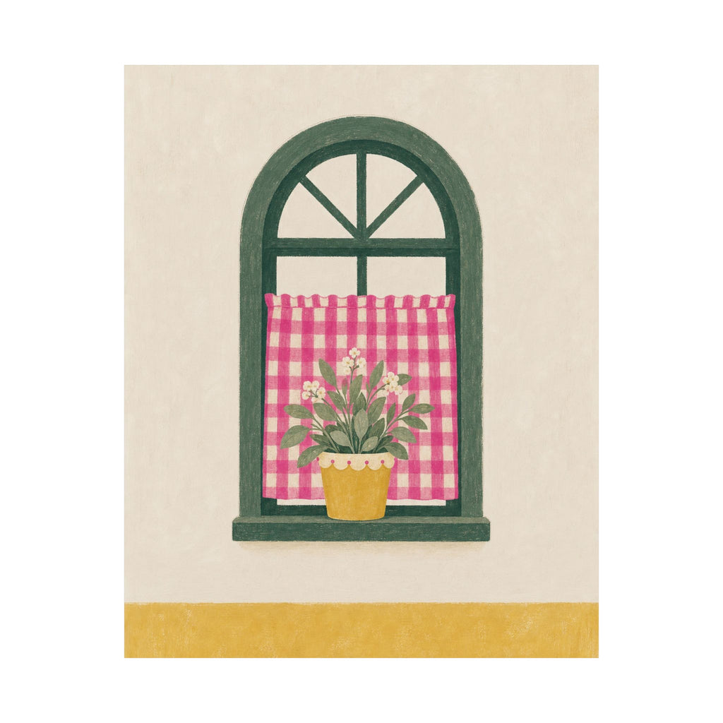 Pink Gingham Cottage Window Art Print | Unframed Matte Poster