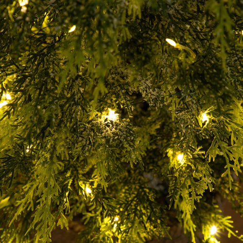5’ Pre-Lit Artificial Snowed Cypress Christmas Tree with 140 LED Lights in Hyacinth Basket
