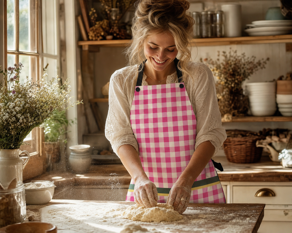 Hot Pink Gingham Cottage Kitchen Apron worn while baking bread in a cozy farmhouse kitchen