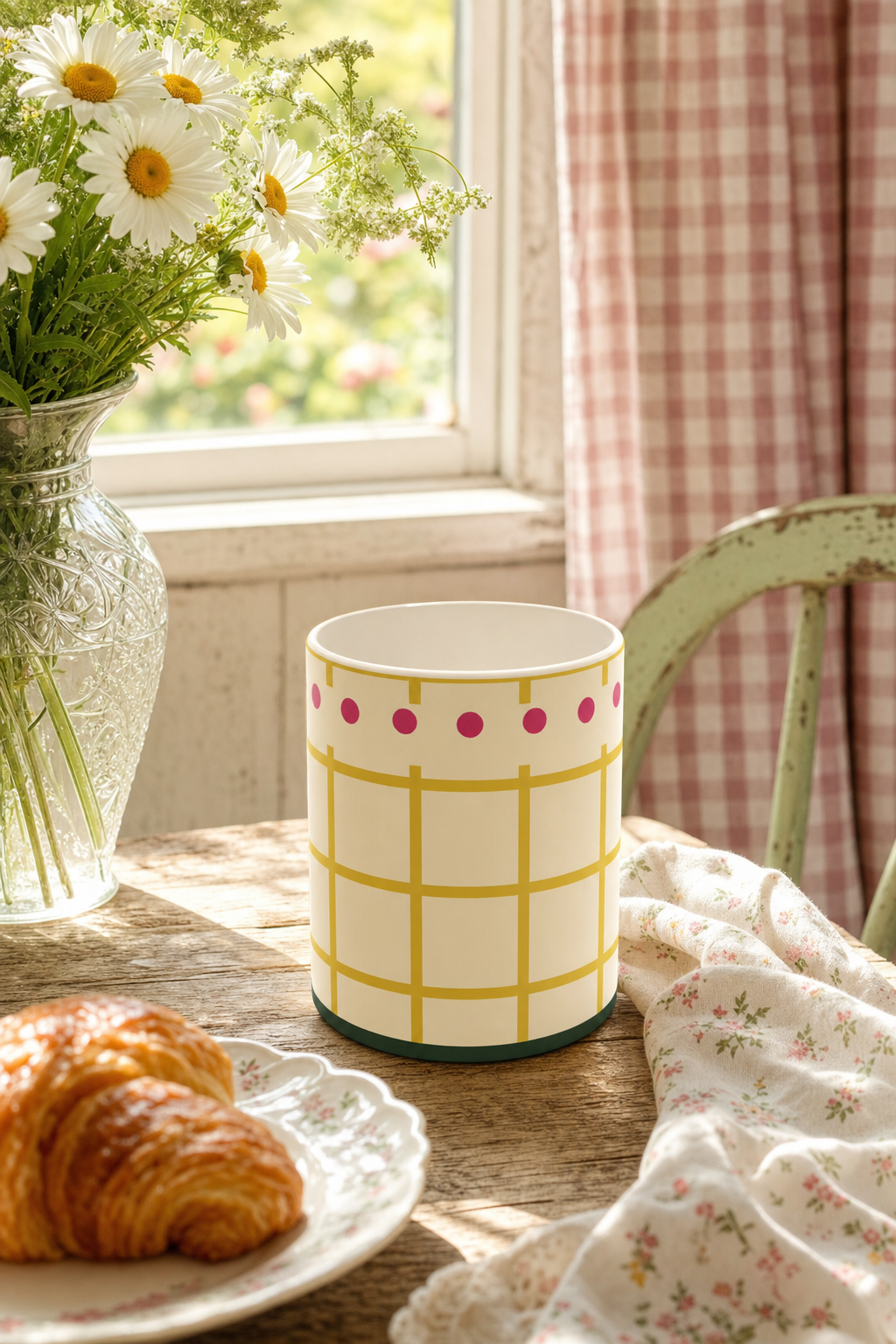 Butter Yellow Check Cottage Mug styled on a sunlit breakfast table with daisies and a croissant